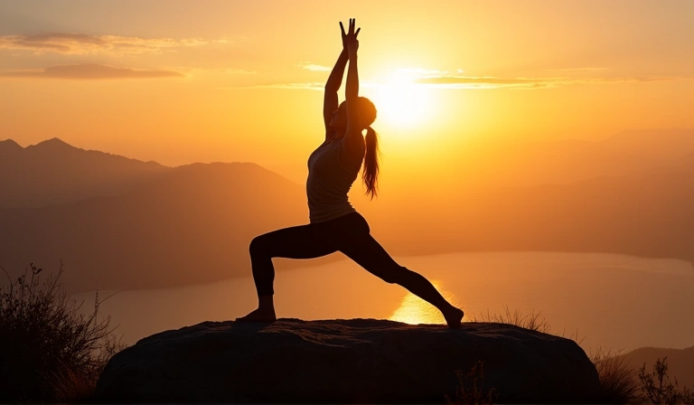 Una persona haciendo yoga al amanecer en un entorno natural tranquilo, representando la conexión entre cuerpo y mente para el bienestar.